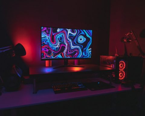 black flat screen computer monitor turned on near black computer keyboard