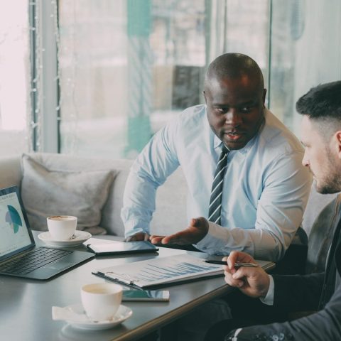 Two businessmen discussing charts on a laptop