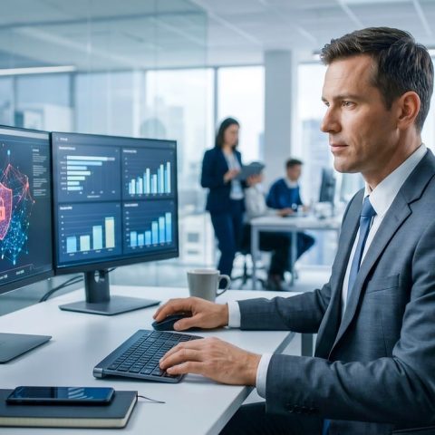 Een cybersecurityspecialist die meerdere schermen met netwerkdata in de gaten houdt in een beveiligingscentrum