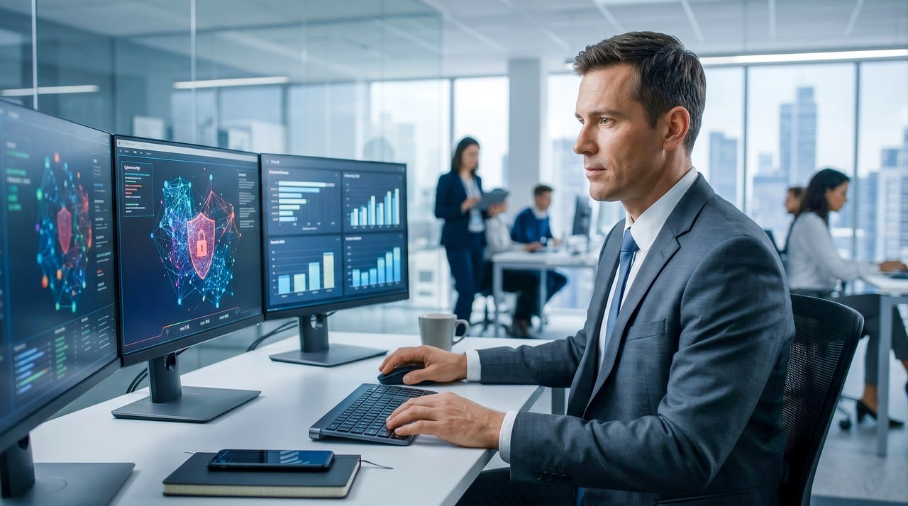 Een cybersecurityspecialist die meerdere schermen met netwerkdata in de gaten houdt in een beveiligingscentrum