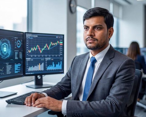 Een SOC analyst achter meerdere schermen met beveiligingsdashboards en alertmeldingen