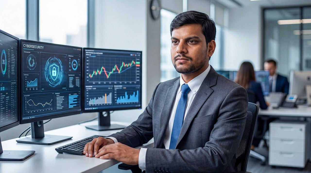 Een SOC analyst achter meerdere schermen met beveiligingsdashboards en alertmeldingen